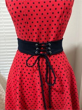 Danny & Nicole Red Polka Dot Midi Dress with Black Corset Waist